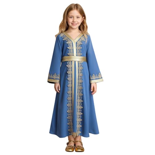 Muslim Dress for Kids Girls Abaya Middle East Ramadan Long Sleeve Lace Prayer Dress Arabic Kaftan with Belt - color: Blue, size: 9-10 Years
