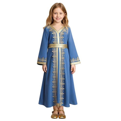 Muslim Dress for Kids Girls Abaya Middle East Ramadan Long Sleeve Lace Prayer Dress Arabic Kaftan with Belt - color: Blue, size: 10-11 Years