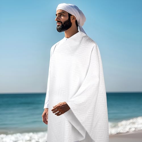 DIAOJIA® Muslim Men's Prayer Shawl,Pilgrimage Towel White Traditional Arabic Hajj Shawl, Polyester Terry Cloth Material, 110x210 cm, 2-Piece Set with Storage Bag (White)