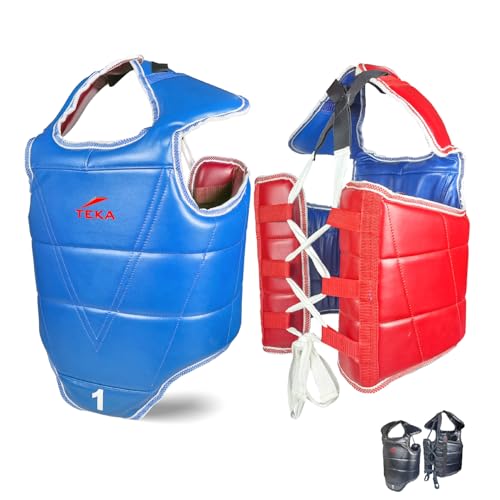 Chest Protector for Kickboxing, Sparring Training Heavy Punching, Boxing Body Protector Adjustable Shield, Martial Arts Upper Belly Protection Pad, Taekwondo - size: Medium (Red/Blue)