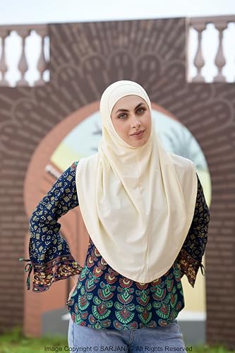 SARJANA Women's Solid Color Cotton Hijab with Under Scarf Cap Ready to Wear Stretch Scarves Long Scarfs FREE SIZE - color: Off-white