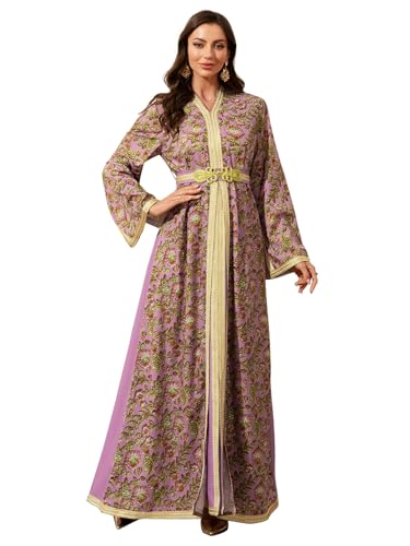 Abaya for Women Floral Embroidered Muslim Dress V-Neck Arabian Maxi Robe - color: Purple, size: Large