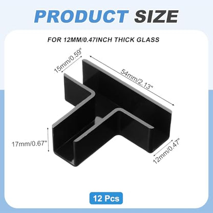 uxcell 12Pcs Plastic Glass Connector, t Shaped Glass to Glass Clamp for 12mm Thick, Fixing Bracket Rimless Clip Holder for Aquarium Fish Tank Display Shelves, (12mm, Black) - size: 12 mm