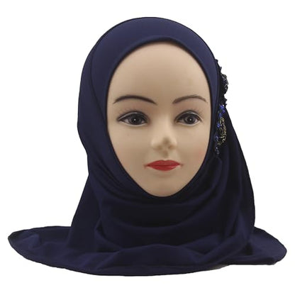 Soft Instant Hijab for Kids Girls Muslim Headscarf Islamic Scarf Shawl Wrap with Flowers - color: Navy Blue-2 Flowers