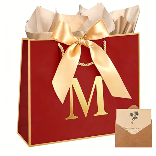 Topaliving Personalized Gift Bag with Card and Tissue Paper, 26 Letters Birthday Gift Bag 13'' Custom Valentines Weddings Present with Initials/Numbers for Women Men Kids (Red,M) - color: Red, size: M