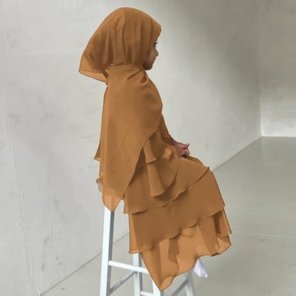 Chiffon layered Open Abaya Dubai Kaftan Muslim Cardigan Abayas Dresses For Girls Casual Robe Kimono Islam Clothing - color: Camel Brown, size: 13-14 Years