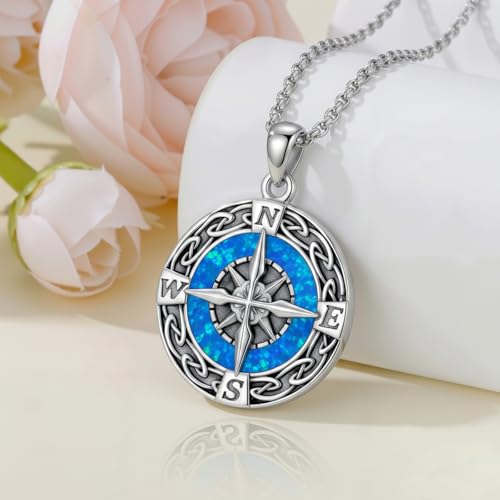 Graduation Gifts for Women 925 Sterling Silver Compass/Graduation/Vet/Cross/Stethoscope Necklace for Women - color: Compass-Blue Opal