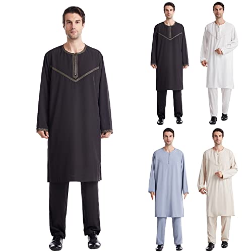 Muslim Outfits for Men Button Down Pocket Two Piece Muslim Outfit Casual Thobes Set Robe Set Machine Washable - color: 01#_black, size: Medium