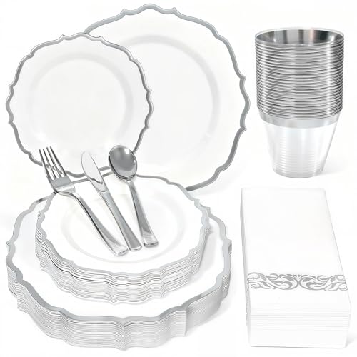 Glowserve 175 Piece Disposable Plastic Plates Dinnerware Set for 25 Guests - color: Silver