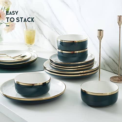 Pokini Porcelain Dinnerware Sets, 12 Piece Luxury China Plates and Bowls Sets, Green Dishes Set Gold Rim for Wedding Anniversary Birthday, Modern Dinner Plates Set - color: Green