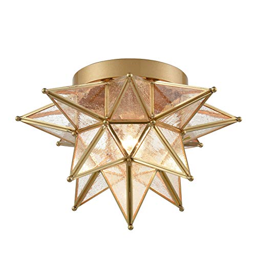 DAYCENT Modern Moravian Star Flush Mount Ceiling Light with Seeded Glass Shade 12.8-Inch Gold Star Glass Ceiling Light Fixtures for Hallway Bedroom Kitchen - color: Brass, size: 12.7-In