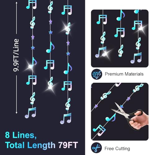 79FT Iridescent Music Note Garlands, Sparkling Holographic Hanging Musical Decorations, Ceiling Decor for Birthday, Wedding, Baby Shower, Bridal Shower & Concert, Music Party Supplies - size: 79 Iridescent Music