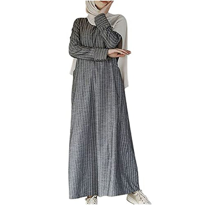 Lmdudan Muslim Dresses - Ladies Robe Dress Islamic Abaya - Cotton Linen Dress - Stripe Conservative Prayer Clothes - color: 1*gray, size: Small
