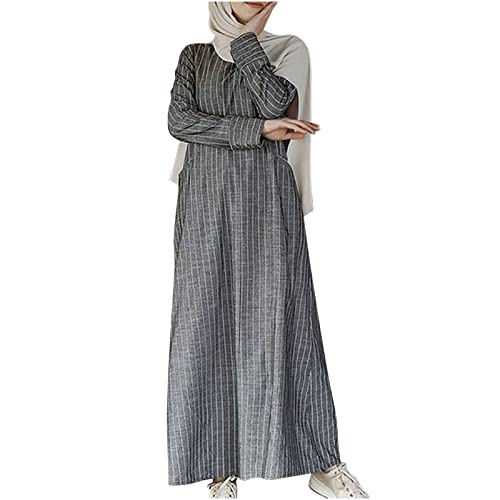 Lmdudan Muslim Dresses - Ladies Robe Dress Islamic Abaya - Cotton Linen Dress - Stripe Conservative Prayer Clothes - color: 1*gray, size: X-Large