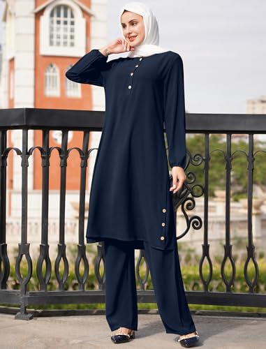 2 Piece Abaya for Women Muslim Long Sleeve Loose Top Pants Set Casual Eid Ramadan Outfits Dubai Islamic Muslim Clothes - color: Dark Blue, size: Small