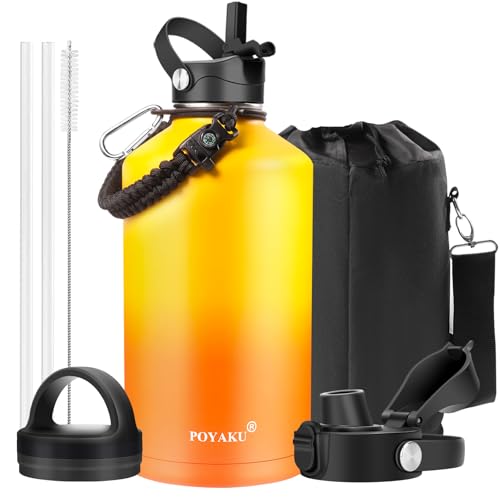 Water Bottle Insulated 32oz 40oz 64oz 128oz Straw Lid Spout Lid & 3 Lids, Leak Proof, Vacuum Insulated,Stainless Steel Water Bottle Wide Mouth for Sports, Gym or Office - color: Yellow Orange, size: 128 Ounces