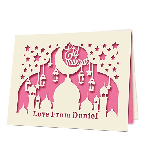 EDSG Personalized Eid Cards Custom Eid Mubarak Card Personalized Ramadan Gifts Eid Mubarak Decorations Ramadan Mubarak Decorations Ramadan Decoration for Her Him Boy Girl with Envelope (Fuchsia) - color: Fuchsia