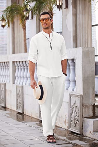 COOFANDY Men's 2 Pieces Cotton Linen Set Long Sleeve Henley Shirts Casual Beach Pants With Pockets Summer Yoga Outfits - color: All White, size: 3X-Large