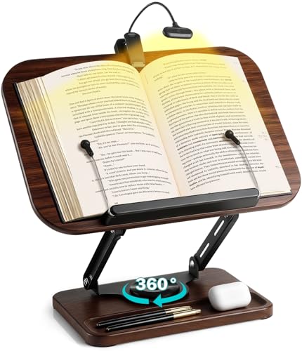 Book Stand with Light & Storage, Book Holders for Reading Hands Free, Wooden Cookbook Stand with Adjustable Height & 360 °Angle for Recipe,Magazine,Laptop,Tablet, Bible