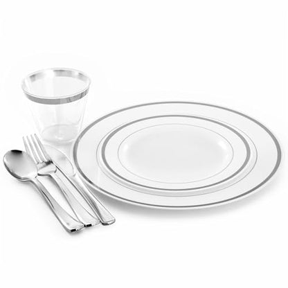 Elama 150 Piece Disposable Plastic Dinnerware Party Set for 25 Guests in White with Silver Trim - color: Silver