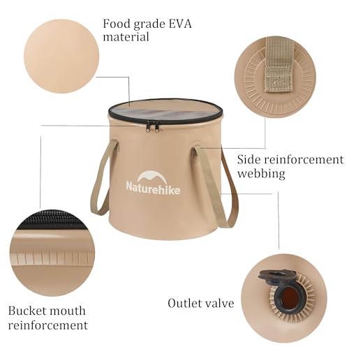 Naturehike 10L Collapsible Bucket, Folding Portable Wash Basin with Handle & Lid for Outdoor Camping Travelling Fishing Hiking Gardening Car Washing (Khaki-10L)