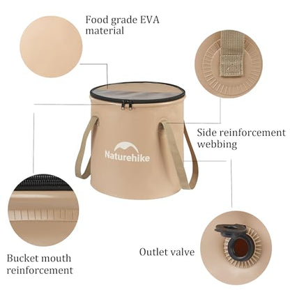 Naturehike 10L Collapsible Bucket, Folding Portable Wash Basin with Handle & Lid for Outdoor Camping Travelling Fishing Hiking Gardening Car Washing (Khaki-10L)
