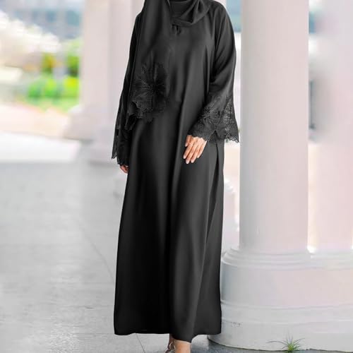 Prayer Clothes for Muslim Women Long Sleeve One-Piece Islamic Prayer Dress O Neck Slim Fit Islamic Evening Gown - color: Black, size: Large