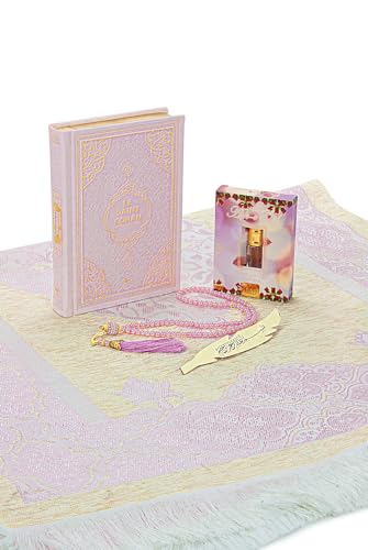 ihvan online Prayer Gift Set for Hajj and Umrah, Muslim Prayer Rug, Prayer Mat, Beads Taasbih, Holy Quran Translated French, Muslim Praying Mat, Islamic Gift Set for Ramadan & Eid, Pink - color: French Pink