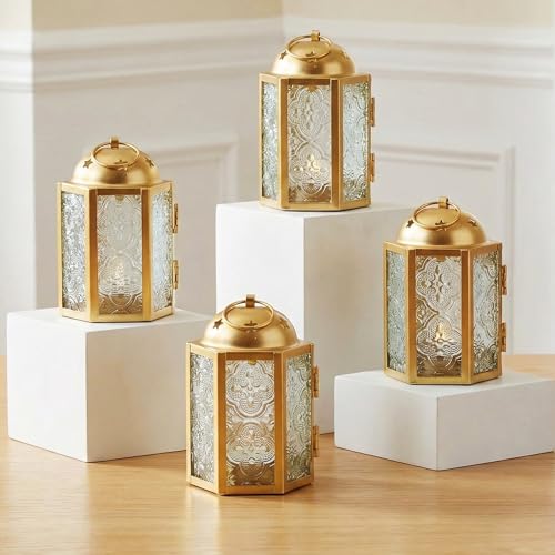 VELA LANTERNS Mini Moroccan Tea Light Candle Holder Lanterns – 4.25" Small Decorative Lantern for Table or Hanging, Metal with Glass Panels – Ramadan, Wedding, Home Decor, Gold (Set of 4) - color: Gold