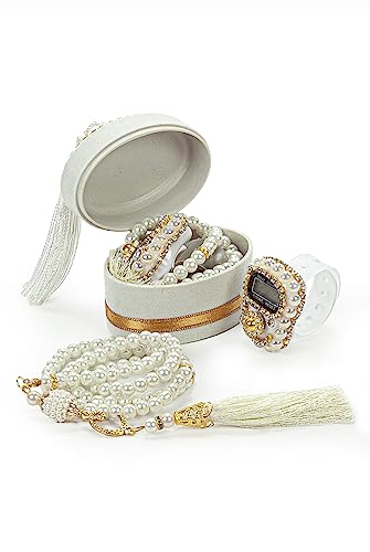 ihvan online Islamic Prayer Beads Gift Set – 99 Beads Tasbih & Digital Finger Counter in Velvet Gift Box, Muslim Dhikr Set, Meaningful Gift for Ramadan, Eid, Mevlid & Weddings (White) - color: White