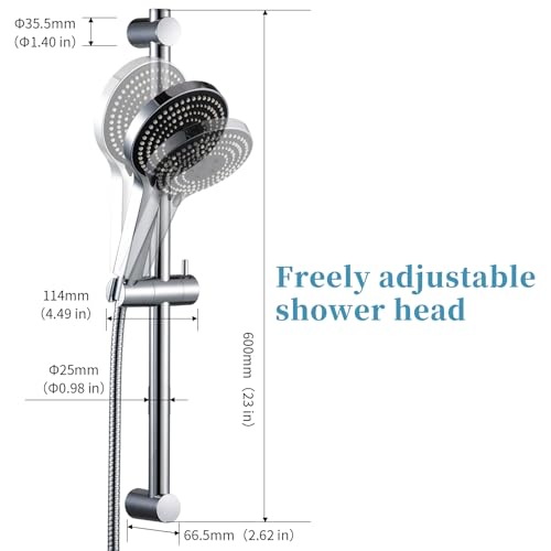 OFFO Shower Slide Bar Combo, Adjustable 23 in Slide Bar with 6-Mode High Pressure Handheld Shower Head and 60 in Stainless Steel Hose, Screw Wall Mounted, Chrome - color: Chrome, style: 23" Slide Bar & 60" Hose