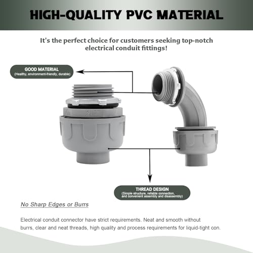 4 Pack 2 Inch Liquid Tight Connectors - PVC Electrical Conduit Fittings, Straight, 90 and 180 Degree Non-Metallic Flexible Connectors for Home, Bathroom, and Kitchen, Gray - size: 2 Inch 4-Pack (90D+180D)