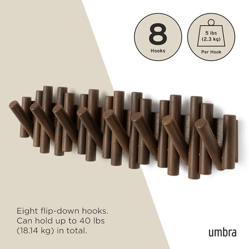 Umbra Picket Coat Rack, Wall Mount 8 Flip-Down Coat Hooks, Walnut | Beveled pine wood dowels, supports up to 5 lbs, mounting hardware included, space saving - color: Walnut, size: 8-Hook
