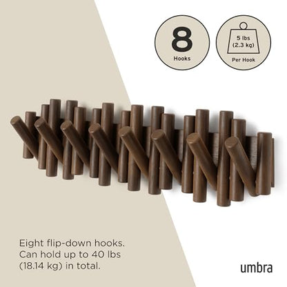 Umbra Picket Coat Rack, Wall Mount 8 Flip-Down Coat Hooks, Walnut | Beveled pine wood dowels, supports up to 5 lbs, mounting hardware included, space saving - color: Walnut, size: 8-Hook