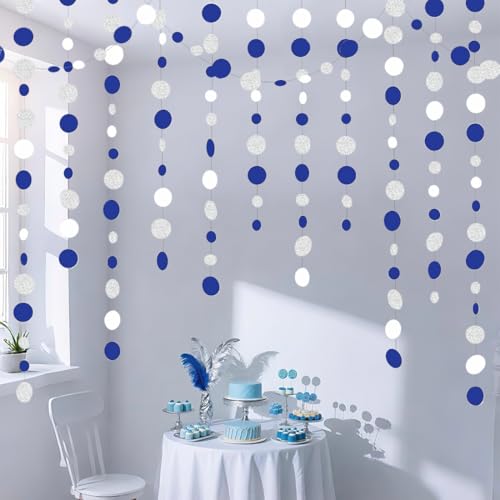 Glitter Blue White Silver Circle Dots Paper Garland Blue White and Silver Circle Dot Streamer 40 Feet Polka Dot Hanging Banner Backdrop for Birthday Wedding Baby Shower Graduation Party Decorations - color: Blue White Silver