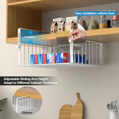 AmonHouseware 2Pack Under Shelf Storage Basket Organizer, White | Adjustable Hanging,Under Cabinet Add-on, Slide-in Baskets, for Laundry Room Kitchen Pantry Desk Bookshelf Counter Cupboard - color: White