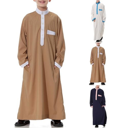 Arabic Thobe for Muslim Boys Eid Outfit Long Sleeve Kaftan Kids Prayer Dress Boys Muslim Thobe Ramadan Islamic Clothing - color: Beige, size: 3-4T