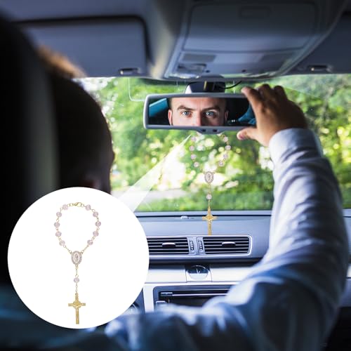 Car Rosary for Rearview Mirror, Pink Car Rosary Small with Cross Pendant Charm Ornament Purple Mini Religious Hanger Gift Catholic Hanging Wedding Women Accessories for Vehicle Rear View Mirror
