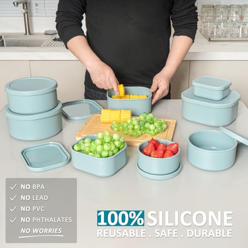 100% Silicone Food Storage Containers with Lids, 8 Pack, 10oz to 51oz, Reusable Leakproof Nesting & Stackable Silicone Bento Lunch Box, Microwave Freezer Dishwasher Oven Safe, BPA Free, Slate Green - color: Slate Green | 8 Pack