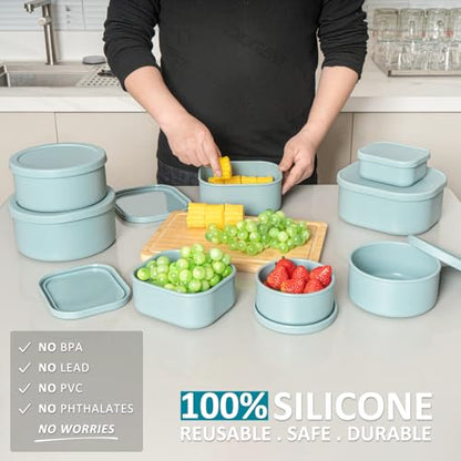 100% Silicone Food Storage Containers with Lids, 8 Pack, 10oz to 51oz, Reusable Leakproof Nesting & Stackable Silicone Bento Lunch Box, Microwave Freezer Dishwasher Oven Safe, BPA Free, Slate Green - color: Slate Green | 8 Pack
