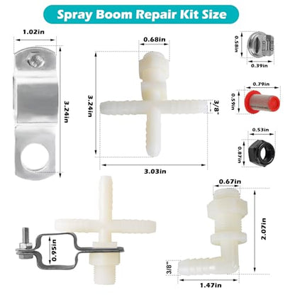 Spray Boom Repair Kit Include 8001-VS Tips Screens Clamps,Cross and | Elbows Nozzle Body (11/16" MPS x 3/8"HB)，Retaining Nut and Nozzle Cap (11/16" FPS) ，Tip Strainer and Boom Clamps 1" Square