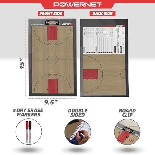 PowerNet Magnetic Coaching Clipboard, Basketball Whiteboard with Line Up Chart, Double Sided Dry Erase Board, Weatherproof Coach Clipboard, Includes 2 Dry Erase Markers - style: Basketball