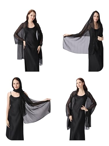 Women's Sheer Chiffon Shawl Wrap Scarf With Silver Thread,Lightweight Sparkling Rhinestone Versatile Hijab Stole - color: Black