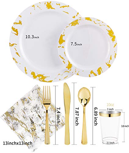 Nervure 175PCS Gold Plastic Plates with Marble Printing & Gold Plastic Silverware:50 Plates, 25 Forks, 25 Knives, 25 Spoons, 25 Cups, 25 Napkins for Thanksgiving & Wedding - color: Gold Marbling