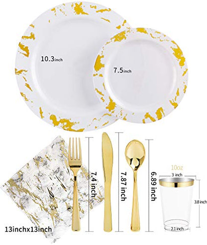 Nervure 175PCS Gold Plastic Plates with Marble Printing & Gold Plastic Silverware:50 Plates, 25 Forks, 25 Knives, 25 Spoons, 25 Cups, 25 Napkins for Thanksgiving & Wedding - color: Gold Marbling