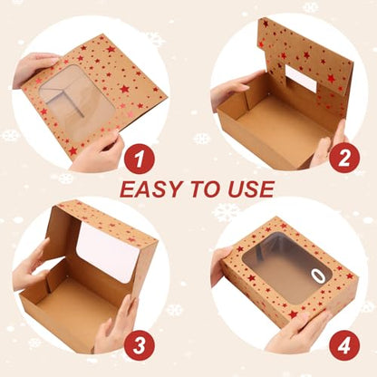 24 Pack Brown Cookie Boxes, 9x6x3Inch Red Star Baking Boxes for Gift Giving,Kraft Boxes with Window,Holiday Treat Boxes for Pastry,Cookie Tin Containers Box for Baked Goods Packaging - color: Red Star-Brown