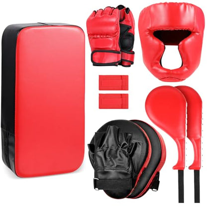 Gemscream 10 in 1 Taekwondo Kick Pad Boxing Training Equipment Set, Focus Pads Boxing Gloves Safety Head Guard Wrist Bands for Kickboxing, Karate, Muay Thai, MMA Training - color: Red