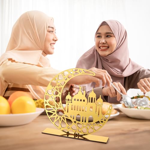 Acrylic Ramadan Decorations Islamic Eid Mubarak Kareem Table Sign Moon Hollow Star Ornament for Muslim Party Tabletop Decor Home Art Craft Decoration Golden Moon