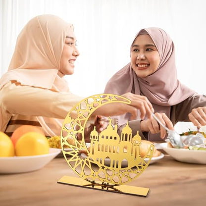 Acrylic Ramadan Decorations Islamic Eid Mubarak Kareem Table Sign Moon Hollow Star Ornament for Muslim Party Tabletop Decor Home Art Craft Decoration Golden Moon