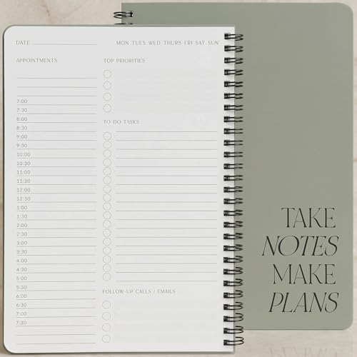 Beautiful Daily Planner And Notebook With Hourly Schedule - Aesthetic Spiral To do List Notepad to Easily Organize Your Work Tasks And Appointments - The Perfect Office Supplies For Women - color: Sage Green